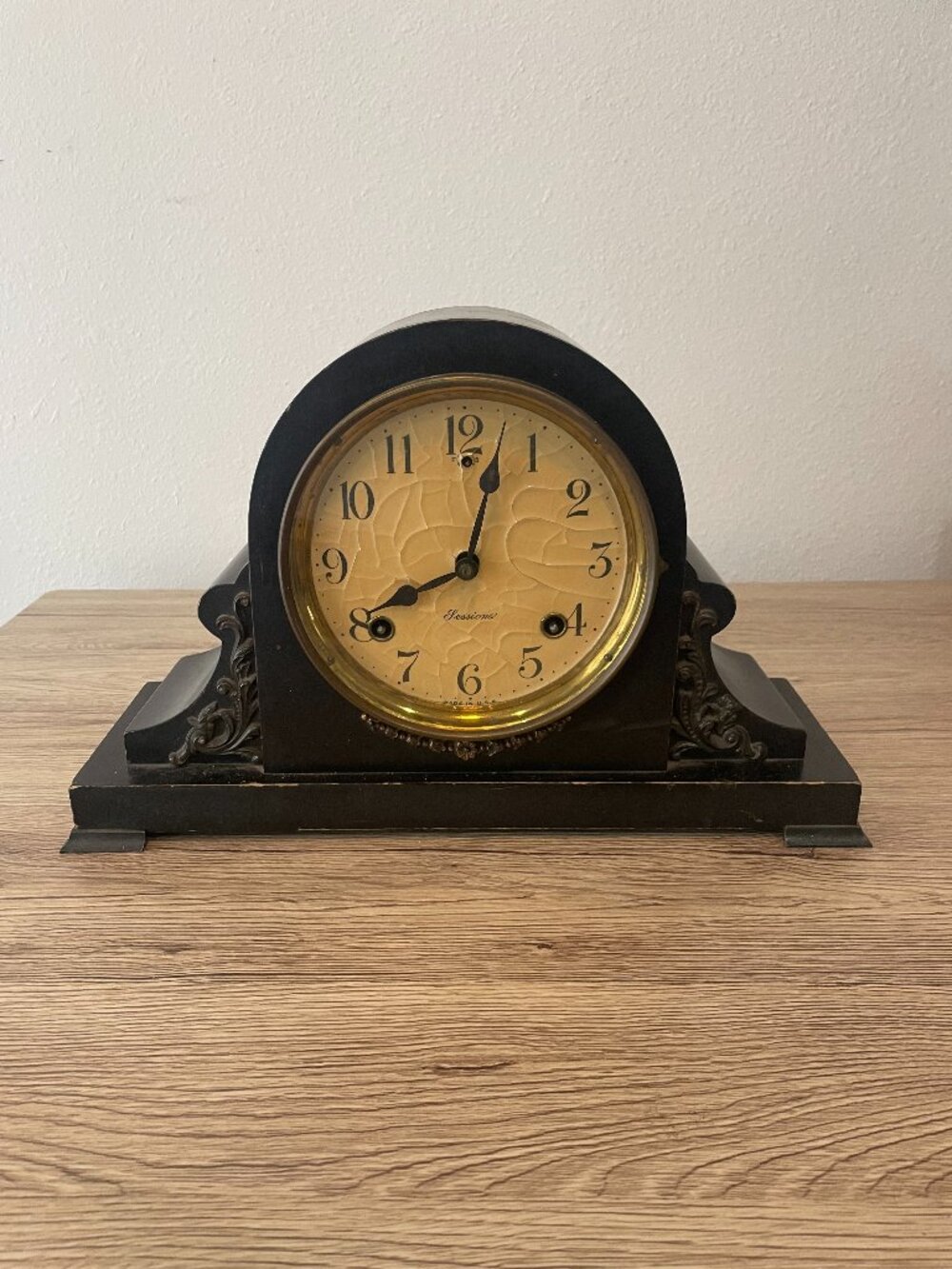 Vintage Sessions Company Mantel Clock w/ Key - Dark Wood with Intricate Carvings